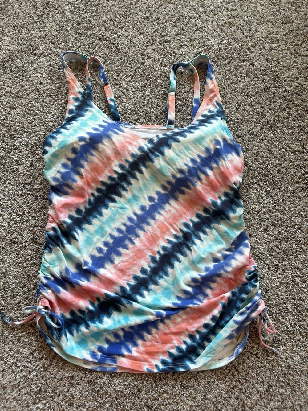 Lands End 14 Tankini swim suit TOP Underwire Ruching Blue Turquoise Peach H26